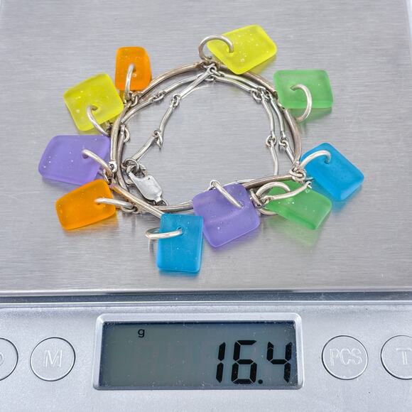 Colorful Glass Necklace | Sterling Silver 925 Tumbled Charm 15.5” - Picture 6 of 10